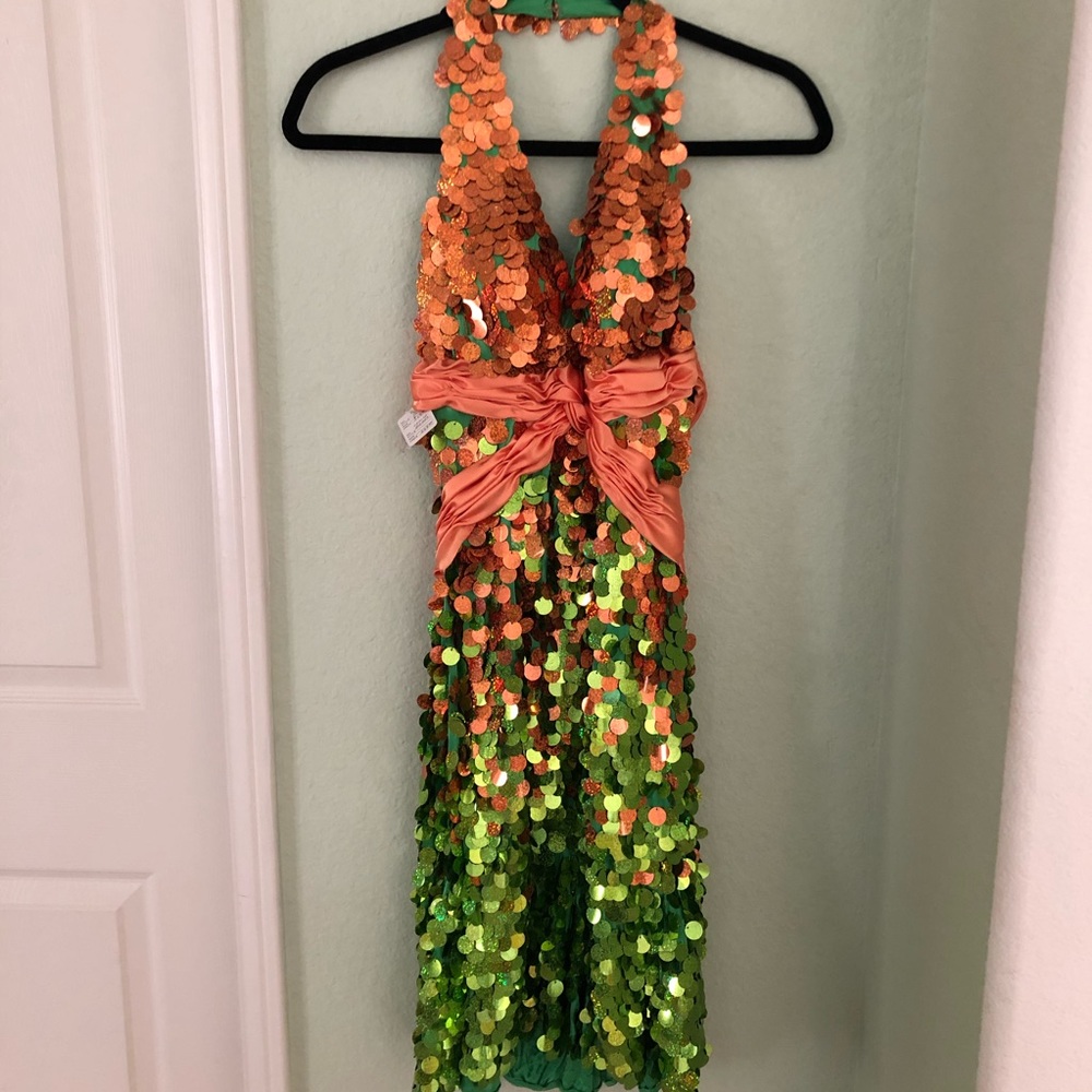 Terani coral and green sequin halter dress NWT S 6